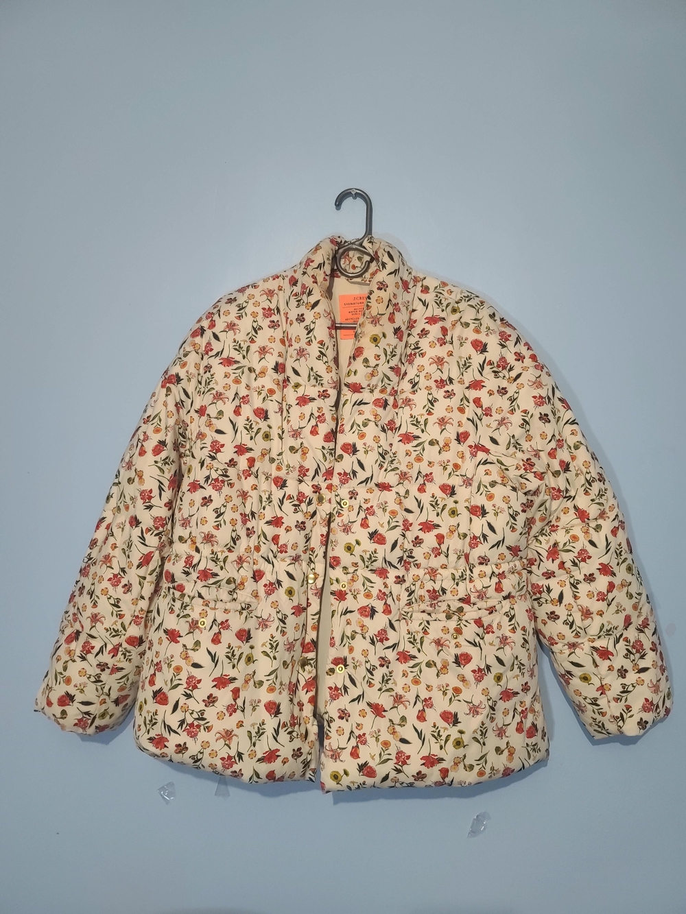 J. Crew Cream Quilted Floral Puffer Jacket with Red & Green Accents